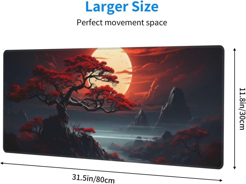 Brecoy Darkness Red Moon Desk Mat Japanese Mouse Pad, Large Japanese Desk Mat, XL Anime Gaming Keyboard Mat, Non-Slip Rubber Base, Big Extended Desk Protector for Home Office, 31.5”x11.8” - Image 2